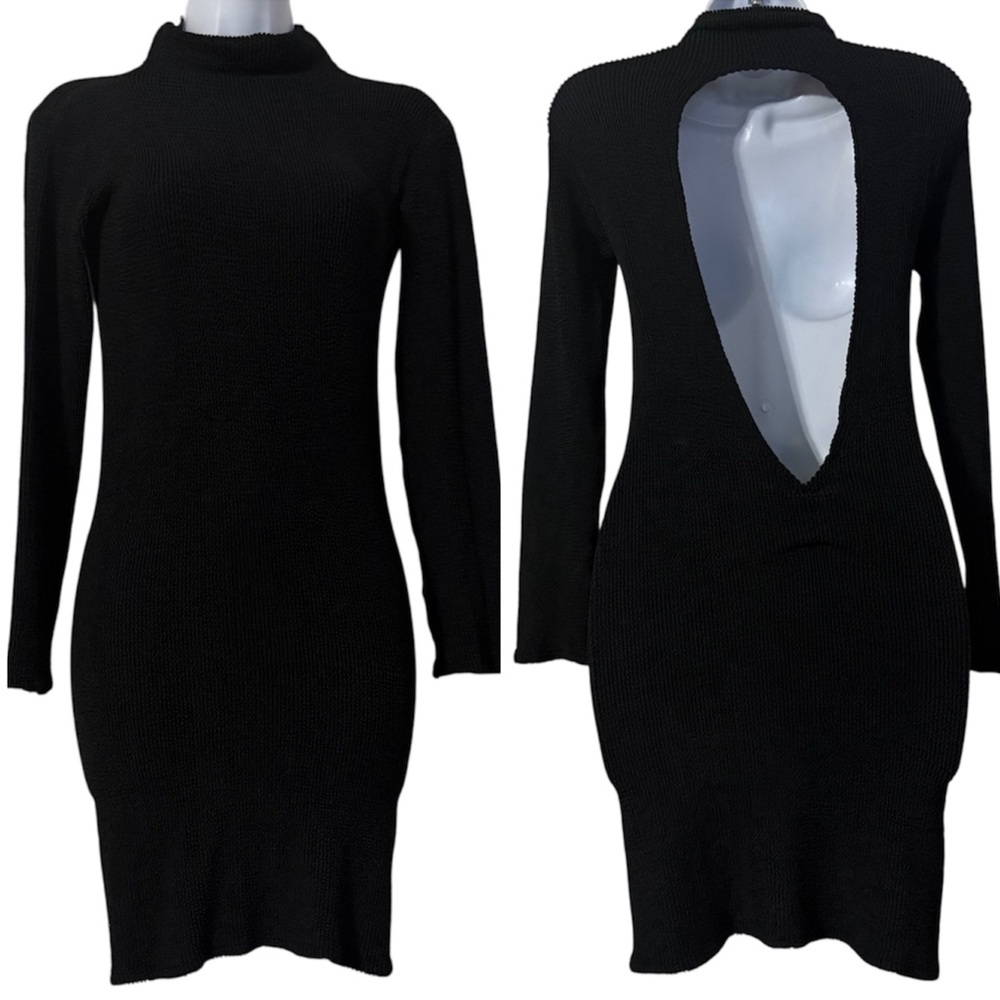 Tripp NYC VTG Black Open Back Bodycon Crinkle Stretch Y2K Goth Club Mini Dress